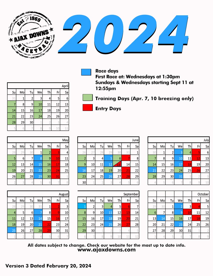 2024 Race days, training days and entry days calendar